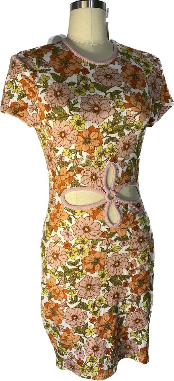 New 70s Style Floral Gogo Retro Pink Orange Cutout Dress Rue21 Womens Juniors S